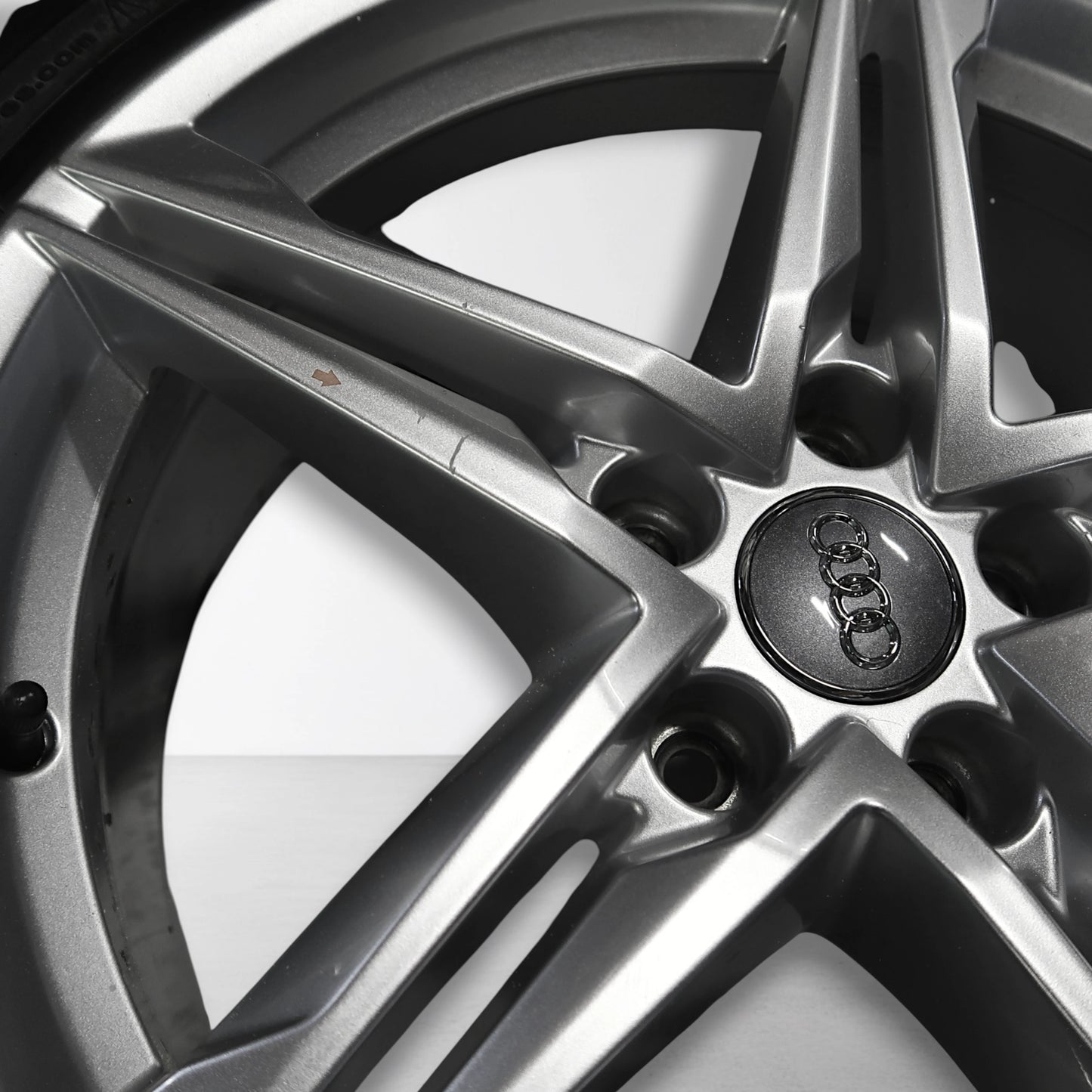 Zilveren velg-naaf met embleem en boutgaten, close-up