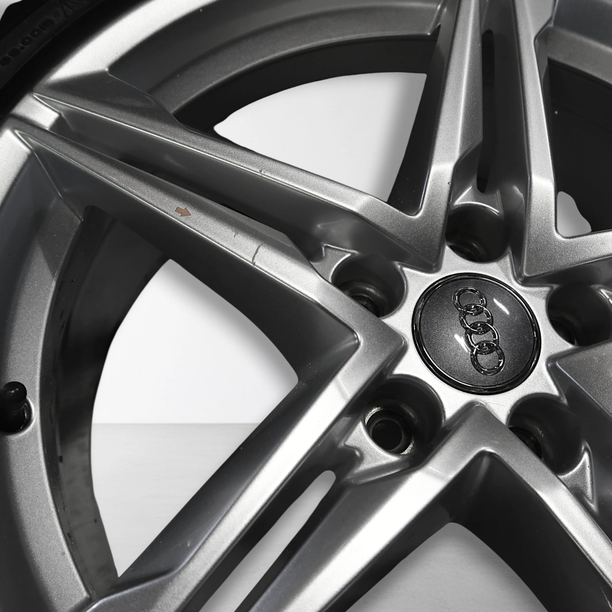 Zilveren velg-naaf met embleem en boutgaten, close-up