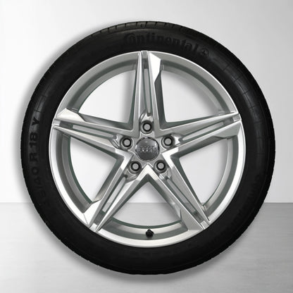 Zilveren 18-inch velg met spaakpatroon en zomerband