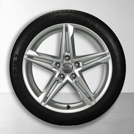 Zilveren 18-inch velg met spaakpatroon en zomerband
