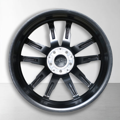 Zwarte 19 inch velg met lichtmetalen spaken en zilveren naafdop, vooraanzicht.
