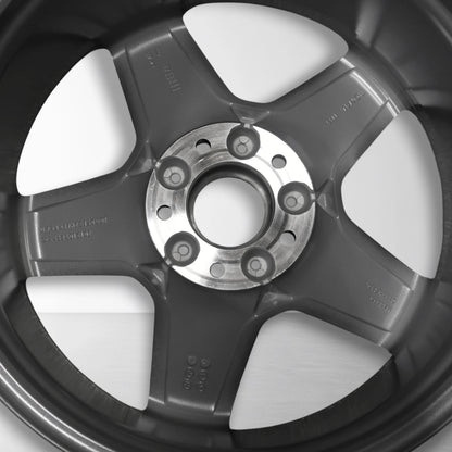 Achterzijde van lichtmetalen velg met naaf en boutgaten, grijs met zilveren spaken.