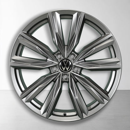 Volkswagen originele 20-inch lichtmetalen velg, zwart-zilver multi-spaak, vooraanzicht
