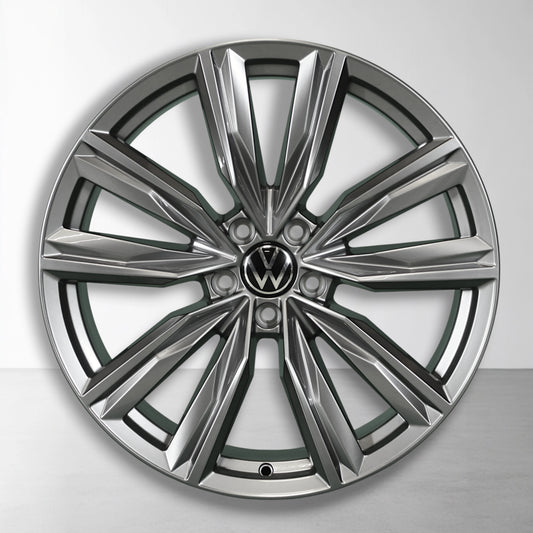 Volkswagen originele 20-inch lichtmetalen velg, zwart-zilver multi-spaak, vooraanzicht